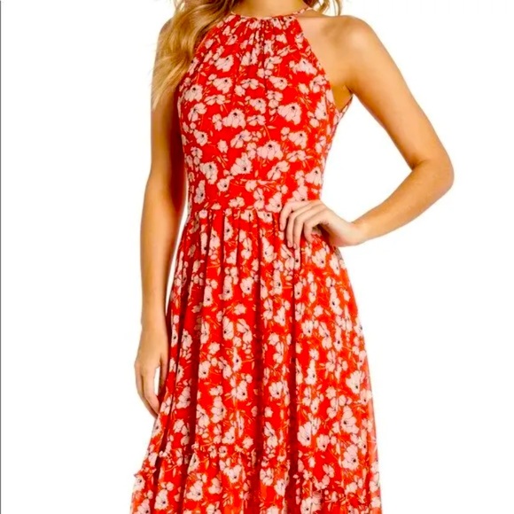 Eliza J high-low Red open Shoulder floral maxi dress Size 14 - Picture 1 of 10